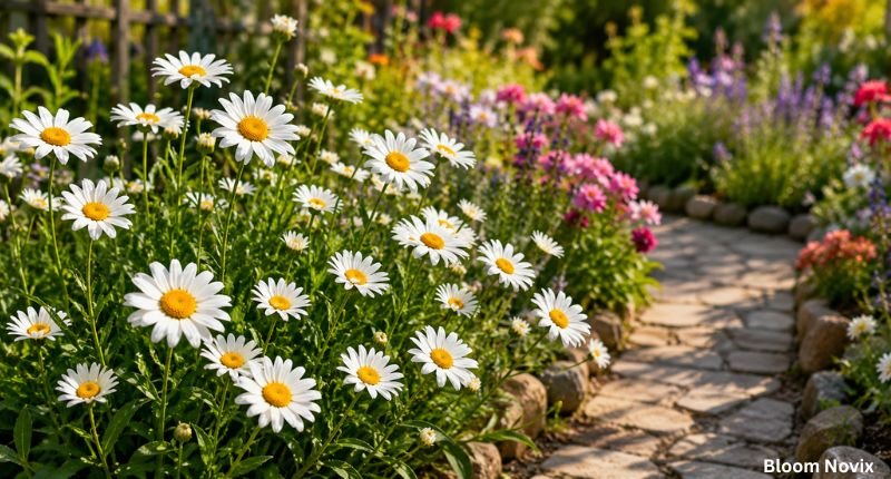 White daisy flowers blooming along a colorful garden path surrounded by lush green plants and spring flowers.