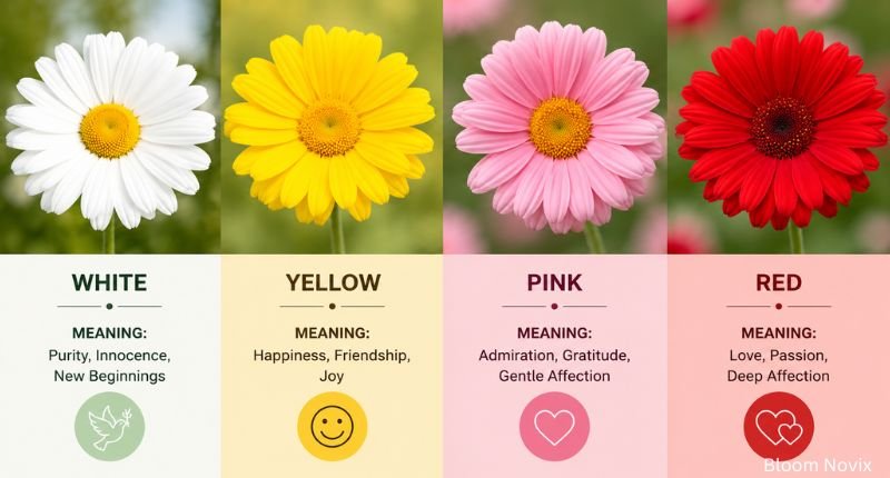 White, yellow, pink, and red daisy flowers displayed together to showcase different daisy color variations.