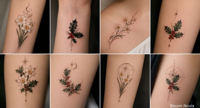 Collection of December birth flower tattoo ideas featuring elegant narcissus flowers and holly leaves with red berries in delicate botanical designs on arms, wrists, shoulders, and ankles.