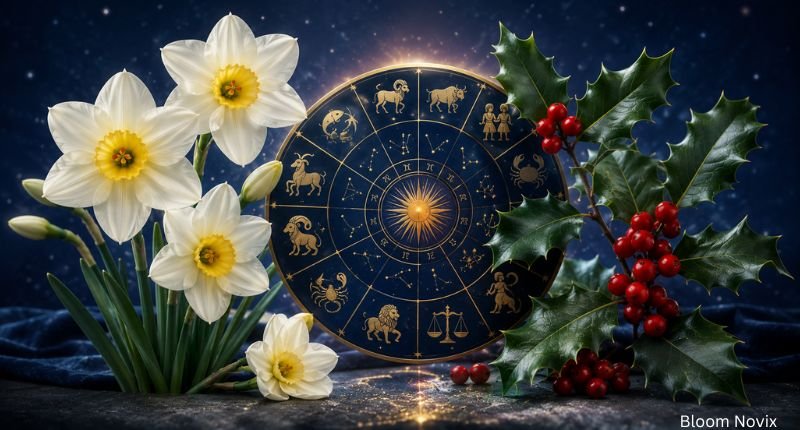 White narcissus flowers and holly leaves with bright red berries displayed beneath a glowing zodiac wheel and starry sky, representing the connection between December birth flowers and zodiac signs.