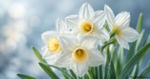Close-up of white Narcissus flowers with yellow centers and green leaves against a soft blue blurred background, representing December's birth flower.