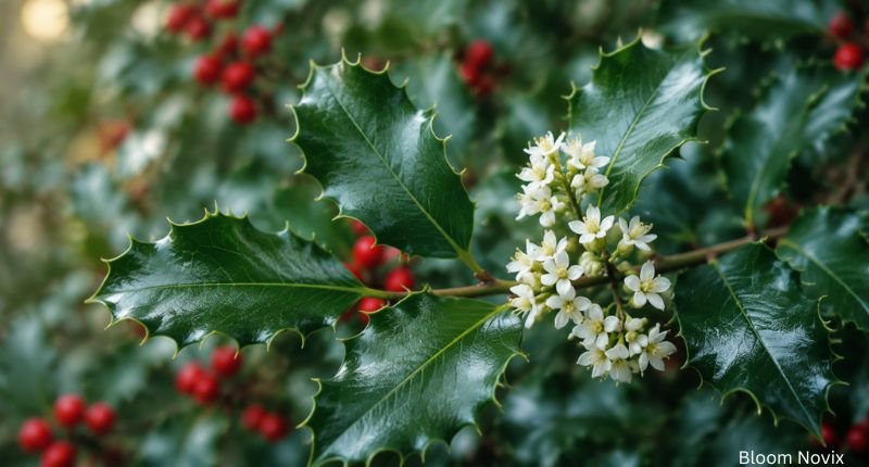 Close-up of a holly branch with glossy dark green spiny leaves, clusters of tiny white holly flowers, and vibrant red berries against a softly blurred natural background, capturing the beauty of December's iconic birth flower.