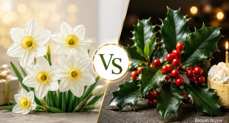 Side-by-side comparison of white narcissus flowers and holly leaves with bright red berries, highlighting the two traditional December birth flowers in a festive natural setting.