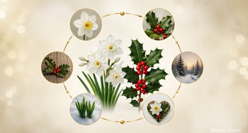 Circular flowchart illustrating how Narcissus and Holly represent December, with white narcissus flowers and holly leaves with red berries connected through seasonal and symbolic elements in a festive winter-themed design.