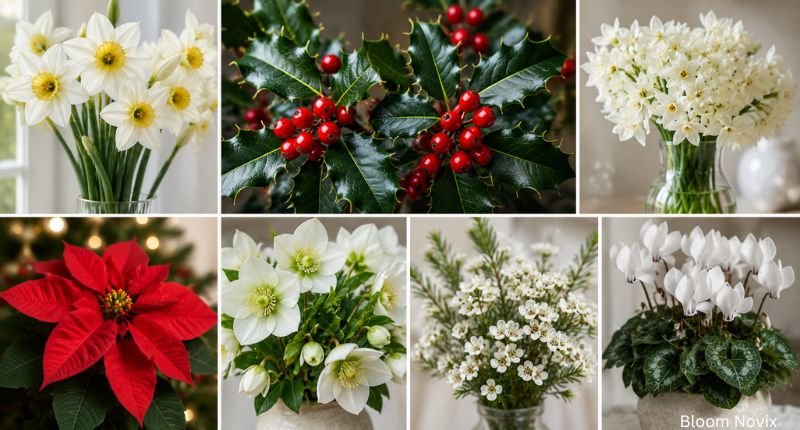 Collection of popular December flowers, including narcissus, holly, paperwhites, poinsettia, hellebore, waxflower, and cyclamen, displayed in a beautiful floral collage for December birthday gift inspiration.