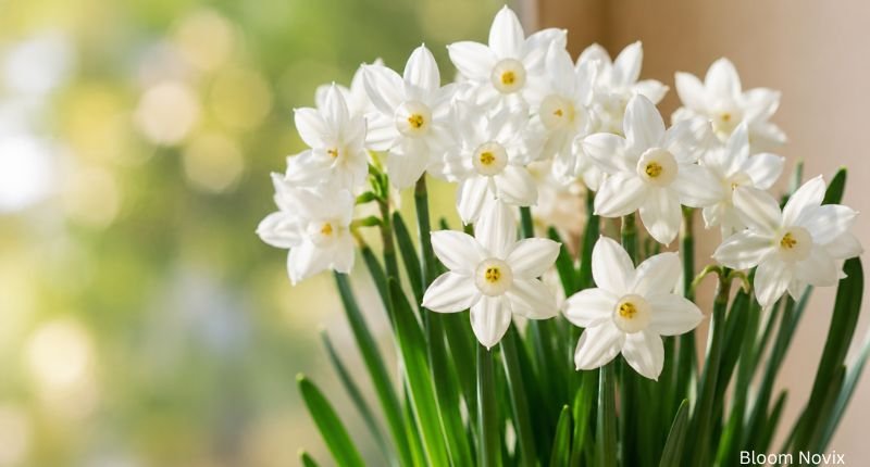 Close-up of white Paperwhite narcissus flowers with delicate petals, yellow centers, and lush green leaves in soft natural sunlight, representing December's birth flower.