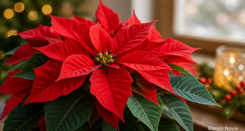 Vibrant red poinsettia flower with lush green leaves and tiny yellow centers, displayed in warm natural light with a soft festive background, symbolizing the holiday season.