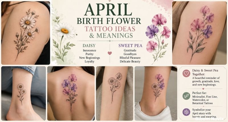 April birth flower tattoo featuring a delicate daisy design with fine-line details on the skin.