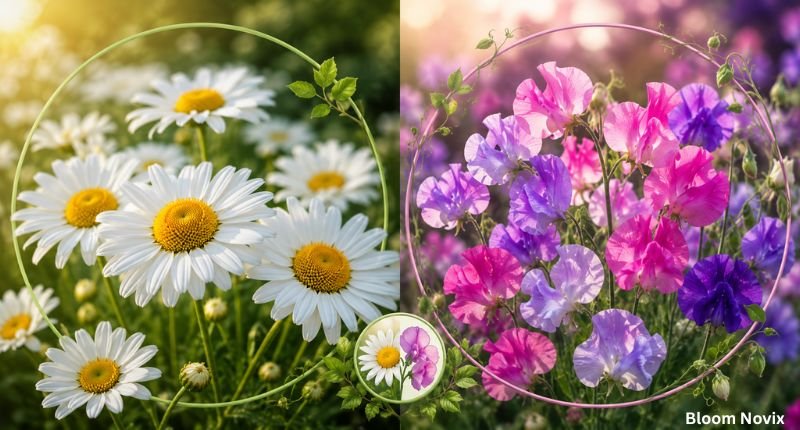 Comparison of daisy and sweet pea flowers representing April, with white daisies symbolizing purity and new beginnings and colorful sweet peas representing gratitude and meaningful connections.
