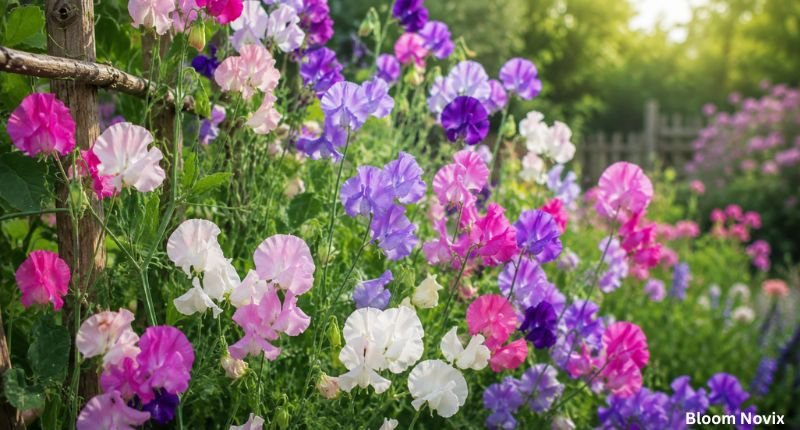 Sweet pea flowers blooming in a colorful garden with pink, purple, white, and magenta blossoms growing along a wooden trellis.