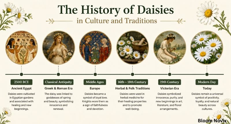 Illustrated timeline showing the historical and cultural significance of daisies from ancient civilizations to modern times.