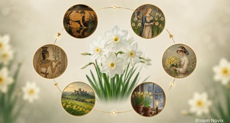 Circular history flowchart featuring white narcissus flowers at the center, surrounded by symbolic cultural and historical scenes connected in a cycle, representing the flower's journey through traditions across different eras.