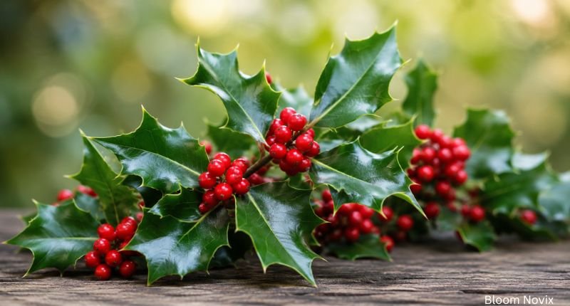 Holly plant with glossy green spiky leaves and bright red berries, symbolizing protection, hope, resilience, and everlasting life in a natural outdoor setting.