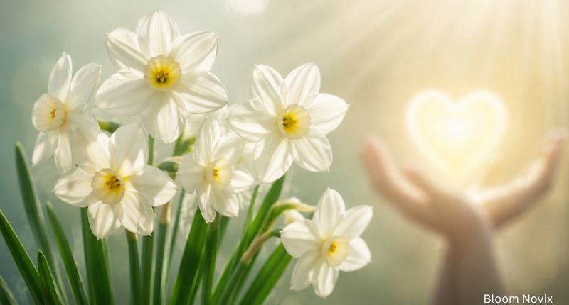 White narcissus flowers blooming in warm natural sunlight with lush green leaves, symbolizing hope, renewal, purity, and new beginnings in a peaceful garden setting.