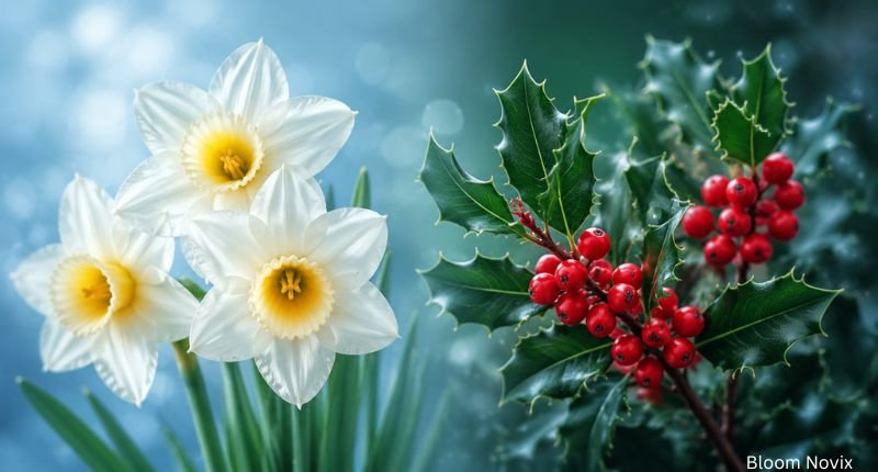 White Narcissus flowers beside glossy green holly leaves with bright red berries, symbolizing December's two birth flowers in a festive winter-inspired scene.