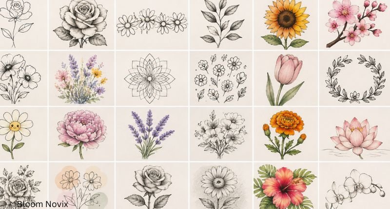 25 flower drawing ideas featuring roses, daisies, sunflowers, tulips, lavender, lotus, hibiscus, orchids, and floral bouquets
