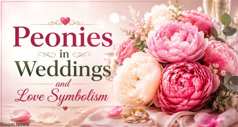 Pink and white peony wedding bouquet with rings representing love, romance, and wedding symbolism.