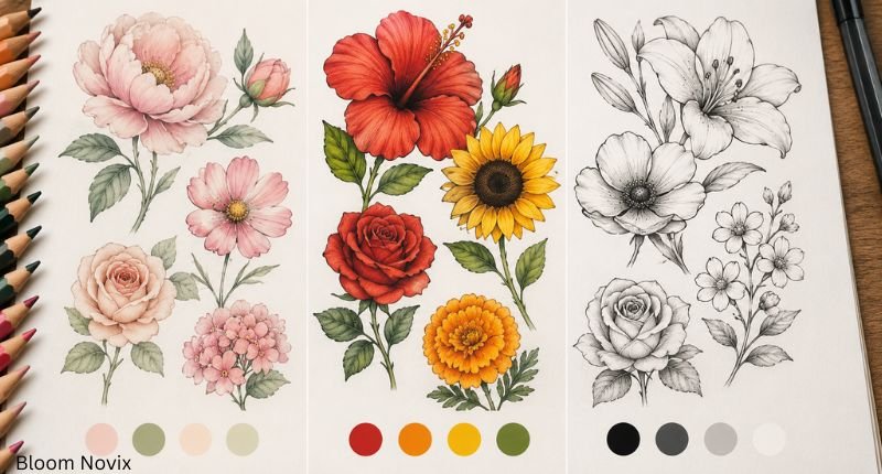 Aesthetic flower drawings in pastel pink and green, bold red and yellow, and elegant black and white styles