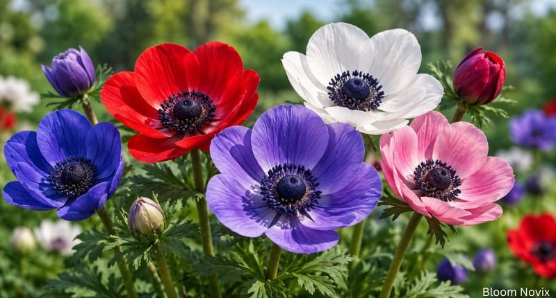 Colorful anemone flowers in red, purple, pink, and white with dark centers