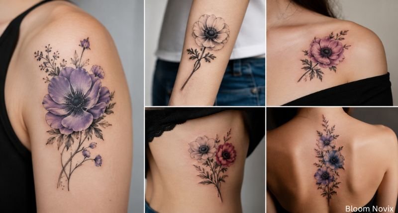 Anemone flower tattoo designs in purple, pink, blue, and black floral styles on skin