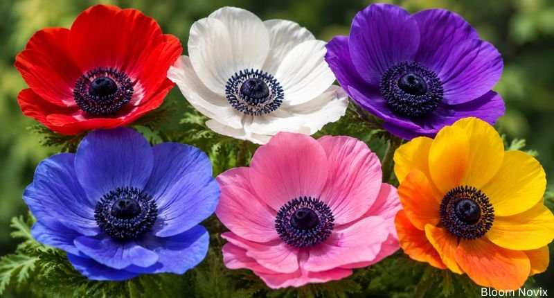 Red, white, purple, blue, pink, yellow, and orange anemone flowers in a colorful arrangement