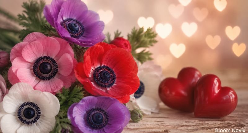 Romantic anemone flowers with red hearts symbolizing love and affection
