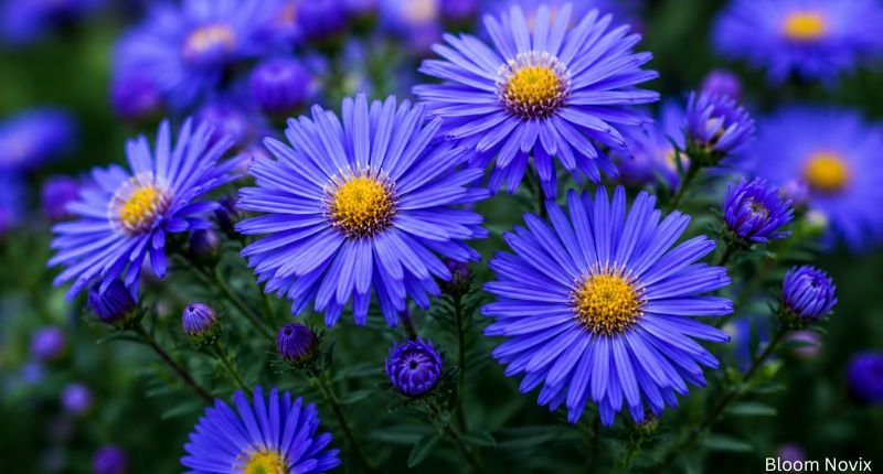 Beautiful blue Aster flowers with daisy-like petals and golden centers blooming in a garden.