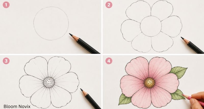 Big flower drawing step by step showing a large simple flower from a basic circle to a colorful finished design