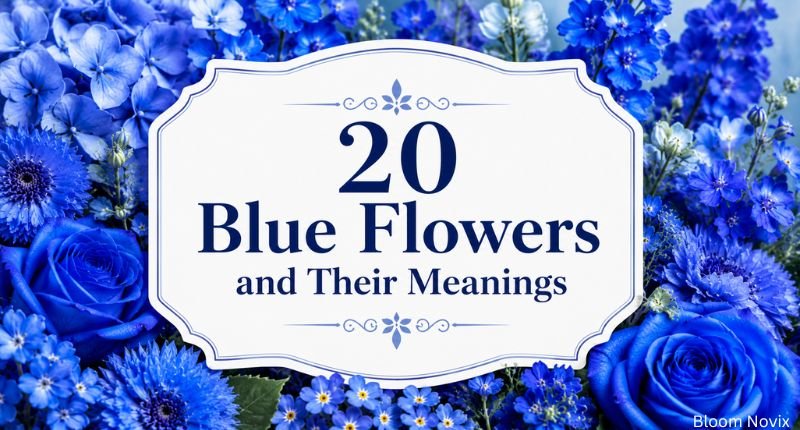 Decorative title card featuring 20 blue flowers and their meanings surrounded by elegant blue blossoms.