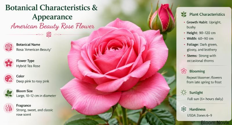 American Beauty rose flower showing its botanical characteristics with a large pink bloom and green leaves in a garden setting.