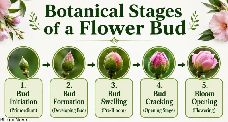 Botanical stages of an unbloomed flower names guide showing flower bud development from initiation to bloom.