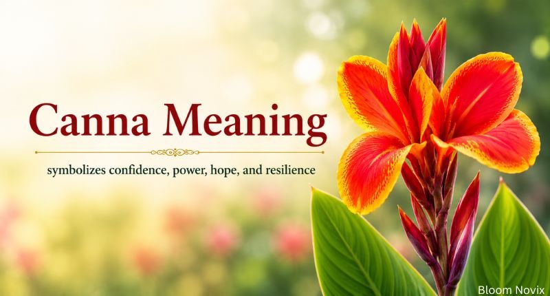 Canna Meaning symbolizes confidence, power, hope, and resilience with a bright red and orange canna flower on a soft blurred background.
