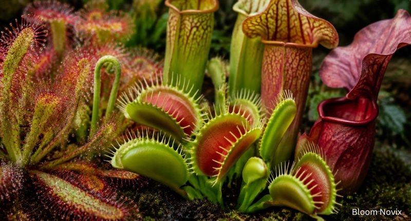 Ugly flower names including Venus Flytrap, Pitcher Plants, and Sundews growing in a lush carnivorous plant habitat.