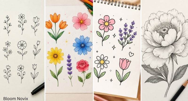 Different flower drawing designs including simple, colorful, aesthetic, doodle, and detailed floral sketches