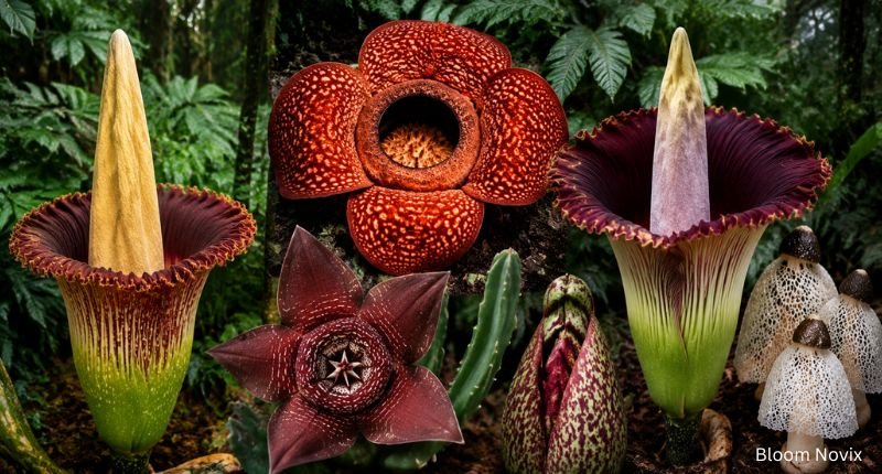 Collection of ugly flower names including Titan Arum, Rafflesia, Carrion Flower, and other foul-smelling tropical blooms.