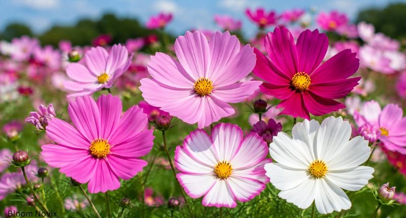 Pink, magenta, and white cosmos flowers blooming in a colorful summer flower field.