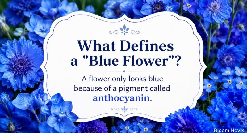 Illustration explaining what defines a blue flower, showing blue blooms with the anthocyanin pigment definition in the center.