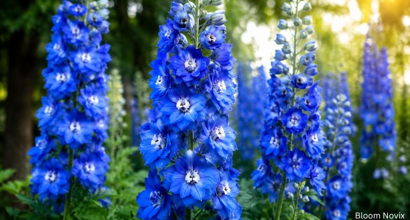 Close-up of vibrant Delphinium flowers with tall blue flower spikes blooming in a sunny garden.