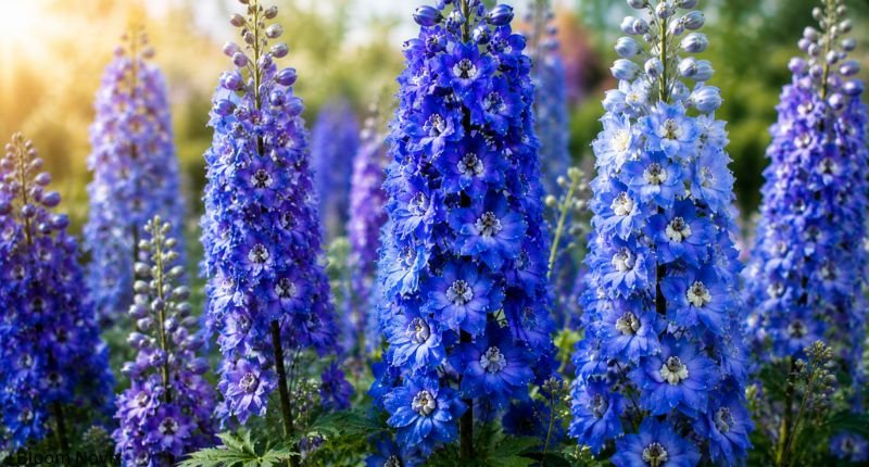 Vibrant blue and purple delphinium flowers blooming in a lush garden under warm sunlight.