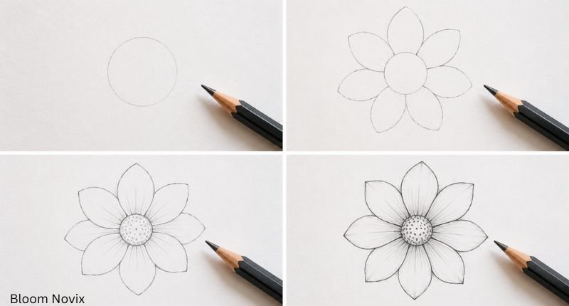 Easy flower drawing step by step showing a simple flower developing from basic shapes to a finished pencil sketch