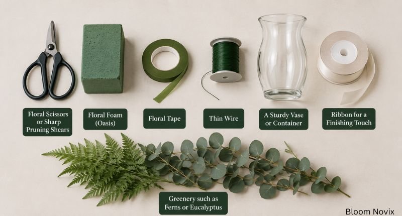 Tools and materials for making funeral flower arrangements including floral scissors, foam, tape, wire, vase, ribbon, and greenery