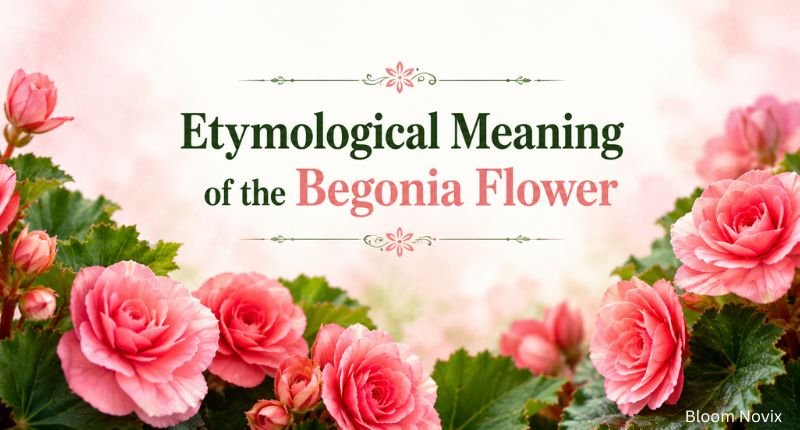 Begonia Flower Meaning – Etymological Meaning of the Begonia Flower shown with pink begonia blossoms and decorative floral design.