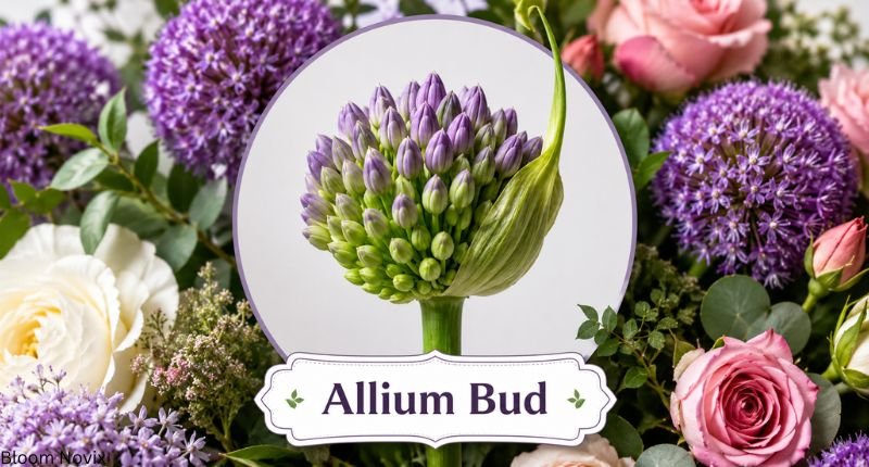 Close-up of a fresh allium flower bud surrounded by colorful floral arrangements, highlighting its beauty and use in floral design and cut flower displays.