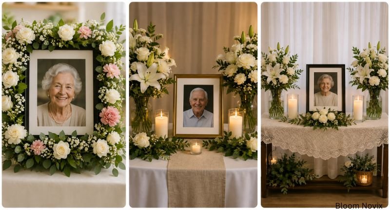 Funeral flower arrangements decorating memorial photos with floral borders, vases, greenery, and candles