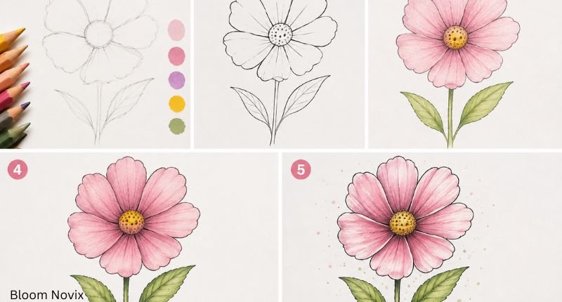 Flower drawing ideas shown in five easy steps from rough sketch and outline to colorful finished floral artwork