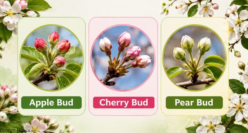 Unbloomed flower names showing apple bud, cherry bud, and pear bud before blooming.
