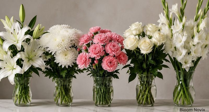 Funeral flower arrangements featuring lilies, chrysanthemums, carnations, roses, and gladioli