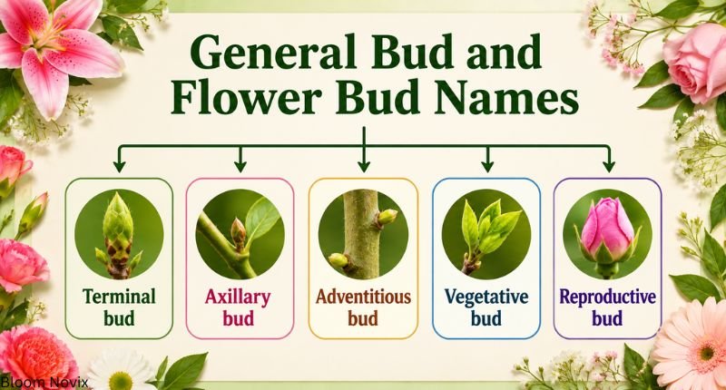General unbloomed flower names diagram featuring terminal bud, axillary bud, adventitious bud, vegetative bud, and reproductive bud.