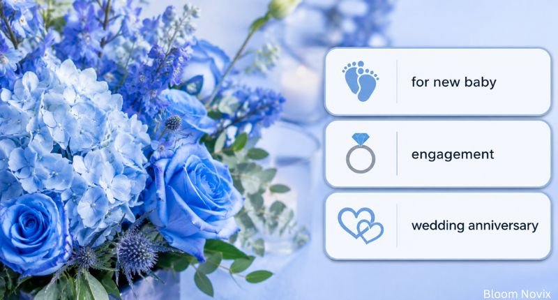 Elegant blue flower gift guide showing occasions including new baby, engagement, and wedding anniversary with a beautiful blue floral background.