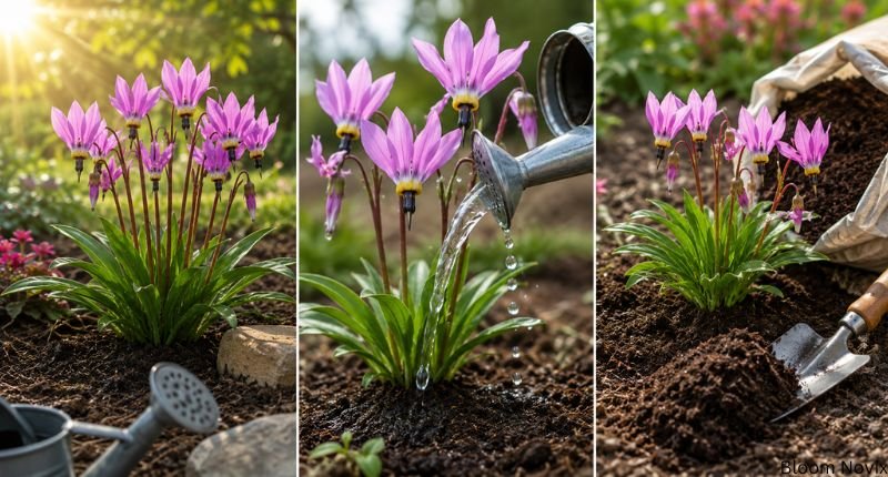 Shooting star flowers growing in a garden with sunlight, watering, rich soil, and gardening tools